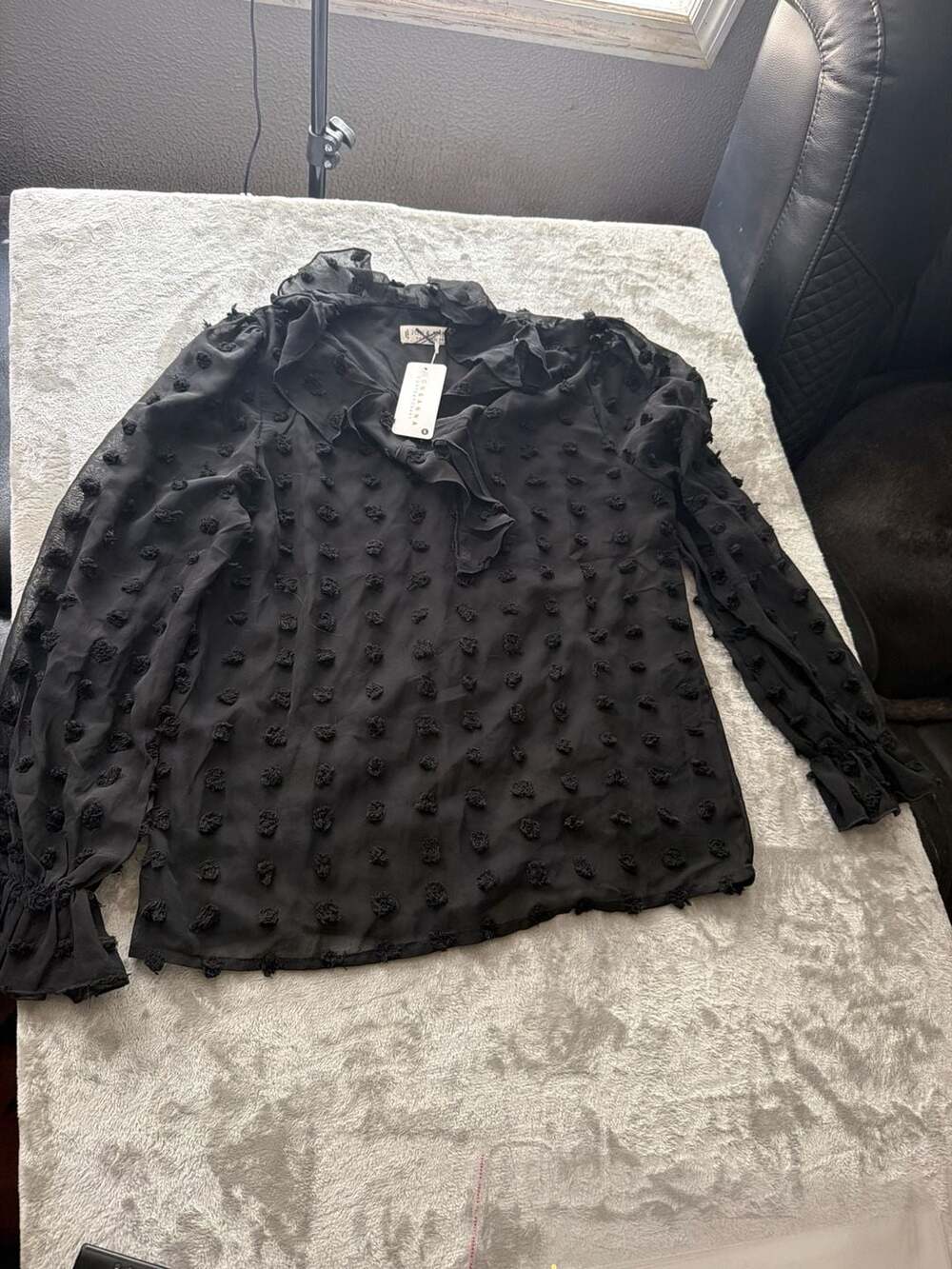 Jon & Anna Contemporary Black Swiss Dot Pom Pom Ruffle Neck Chiffon Blouse
